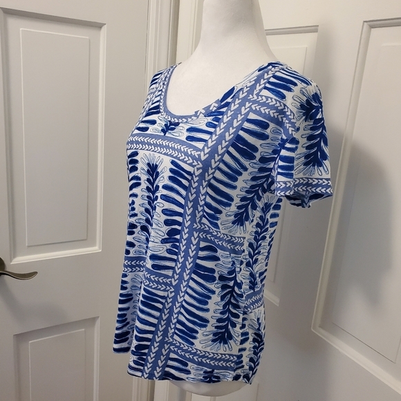 Loft Blue & White Linen Blend Knit Tee Size Small, Lightweight, Casual - Picture 2 of 9